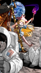 1girl 2others ;d absurdres american_flag_dress american_flag_legwear arm_up astronaut black_sky blonde_hair clownpiece earth_(planet) fairy_wings hat highres holding holding_torch jester_cap kourou_(kouroukun) long_hair looking_at_viewer moon multiple_others neck_ruff one_eye_closed open_mouth pantyhose pink_hat planet planetary_rover pom_pom_(clothes) short_sleeves sky smile striped_clothes striped_pantyhose torch touhou v-shaped_eyebrows very_long_hair wings