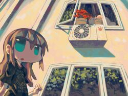 1girl aqua_eyes black_shirt brown_hair building clothes_writing condenser_unit english_text hado_fun highres jitome long_hair no_nose no_pupils open_mouth original plant potted_plant shirt sidelocks solo t-shirt upper_body window