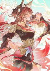 1girl absurdres animal_ear_fluff animal_ears brown_hair closed_eyes closed_mouth commentary dress fox_ears fox_girl fox_tail from_side fugue_(honkai:_star_rail) hair_ornament hand_fan highres holding holding_fan honkai:_star_rail honkai_(series) kitsune kyuubi long_hair multiple_tails off-shoulder_dress off_shoulder pink_tail pom_pom_(clothes) pom_pom_hair_ornament red_nails reika_(reikadraws) smile solo tail tingyun_(honkai:_star_rail) wide_sleeves