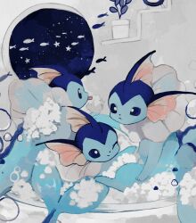 :&lt; ;/ animal_focus bath bathing blue_eyes bubble closed_mouth commentary fish gen_1_pokemon hand_on_another&#039;s_head lil night night_sky nintendo no_humans plant pokemon pokemon_(creature) potted_plant sky soap_bubbles star_(symbol) symbol-only_commentary tongue tongue_out vaporeon window