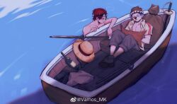 2boys bare_pectorals blue_hair boat brown_hat buggy_the_clown clown_nose goggles goggles_on_head hat highres holding holding_map male_focus map multiple_boys oar on_boat one_piece open_clothes open_shirt pectorals red_hair sack shanks_(one_piece) short_hair straw_hat swimming sword vamos_mk water watercraft weapon
