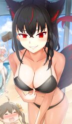 3girls absurdres ahoge animal_ear_fluff animal_ears beach bikini bikini_pull black_bikini black_hair blush braid breasts brown_hair cleavage clothes_pull commentary_request earrings extra_ears fox_ears fox_girl fox_tail grin hair_between_eyes hammer highres holding holding_hammer hololive jewelry kirimoya kurokami_fubuki large_breasts long_hair looking_at_viewer multicolored_hair multiple_girls natsuiro_matsuri parasol red_hair shirakami_fubuki sidelocks single_braid smile streaked_hair swimsuit tail umbrella virtual_youtuber white_hair