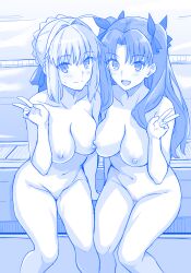 2girls :d absurdres artoria_pendragon_(fate) blush braid breasts collarbone completely_nude crown_braid fate/stay_night fate_(series) hair_ribbon haruhisky highres long_hair looking_at_viewer medium_breasts monochrome multiple_girls navel nude open_mouth pussy ribbon saber_(fate) sidelocks sitting smile stomach thighs two_side_up very_long_hair