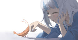 1girl absurdres arm_rest blue_hair blue_hoodie blue_nails blunt_bangs blush closed_eyes commentary crying ebi-chan_(gawr_gura) english_commentary english_text facing_another facing_down gawr_gura gawr_gura_(1st_costume) hand_on_own_cheek hand_on_own_face highres hirotaka0125 hololive hololive_english hood hoodie long_sleeves lying mascot medium_hair multicolored_hair nail_polish on_stomach open_mouth sharp_teeth shrimp smile streaked_hair teeth upper_body virtual_youtuber white_background white_hair wide_sleeves