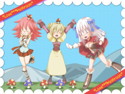 Rule 34 | 3girls, acolyte (ragnarok online), arms up, black pantyhose, blonde hair, blue bow, blue shirt, blue sky, boots, bow, breasts, brown boots, brown capelet, brown dress, brown shirt, brown skirt, cape, capelet, cleavage, closed eyes, closed mouth, commentary request, creator (ragnarok online), day, double bun, dress, english text, fingerless gloves, full body, fur-trimmed boots, fur trim, gloves, hair bow, hair bun, john (strike-shank), medium breasts, multiple girls, mushroom, mushroom on head, open-toe shoes, open mouth, outdoors, pantyhose, pink hair, pleated skirt, plunging neckline, ragnarok online, red cape, red shoes, red skirt, shin guards, shirt, shoes, short dress, short hair, skirt, sky, sleeveless, sleeveless shirt, smile, standing, strapless, strapless dress, taekwon (ragnarok online), white gloves, white hair