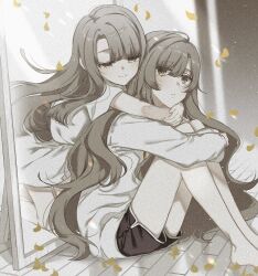 2girls bags_under_eyes barefoot black_shorts commentary dress haruhana_aya highres hood hoodie hug hug_from_behind hugging_own_legs kiriha_eruna kiriha_kosane long_hair long_sleeves mahou_shoujo_madoka_magica mirror multiple_girls null_mahou_shoujo on_floor shorts siblings sisters smile twins very_long_hair white_dress white_hoodie yellow_petals