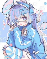 1girl :d absurdres anomea_(vrchat) attaka_tea bandaid bandaid_on_knee bandaid_on_leg bell blue_background blue_bow blue_choker blue_collar blue_eyes blue_hair blue_hairband blue_jacket blue_nails blue_theme blue_thighhighs blush bow chain choker collar detached_wings double_v dress eyepatch fang frilled_hairband frills grey_hair hair_bow hairband halftone halo heart highres jacket lock lolita_hairband long_hair long_sleeves looking_at_viewer maid medical_eyepatch multicolored_hair nail_polish neck_bell open_clothes open_jacket open_mouth shorts sleeves_past_wrists smile solo squatting striped_clothes striped_thighhighs thighhighs track_jacket two_side_up unconventional_maid v vrchat white_bow white_dress wings