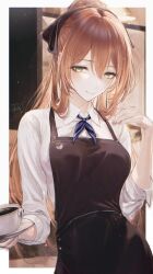 1girl absurdres apron black_apron black_skirt border brown_eyes brown_hair closed_mouth commentary cup girls&#039;_frontline girls&#039;_frontline_2:_exilium hair_between_eyes highres holding holding_saucer long_hair looking_at_viewer outside_border ponytail renoahh saucer shirt skirt smile solo springfield_(girls&#039;_frontline) springfield_(girls&#039;_frontline_2) white_border white_shirt