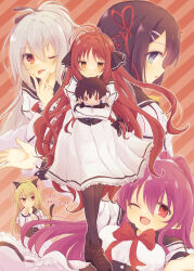 5girls ;d ;p ahoge antenna_hair black_bow black_ribbon black_sailor_collar blush boots bow brown_eyes brown_footwear character_doll commentary_request cross-laced_footwear doll dracu-riot! elena_olegovna_owen everyone floating_hair frilled_skirt frills full_body grey_hair hair_between_eyes hair_bow hair_ribbon hand_up happy highres holding holding_doll inamura_rio juliet_sleeves konoquro long_hair long_sleeves looking_at_viewer mera_azusa multiple_girls mutsura_yuuto nicola_cepheus one_eye_closed one_side_up open_mouth orange_background outstretched_arms outstretched_hand pantyhose parted_bangs pleated_skirt ponytail profile puffy_sleeves red_hair red_ribbon ribbon sailor_collar school_uniform serafuku simple_background skirt smile standing stuffed_toy tongue tongue_out translation_request v v-shaped_eyebrows v_over_mouth very_long_hair white_serafuku white_skirt yarai_miu