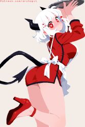 1girl anklet apron archapxl black_horns black_tail breasts demon_girl demon_horns demon_tail from_behind grey_background heart heart-shaped_pupils helltaker high_heels highres holding holding_plate horns jewelry large_breasts leg_up long_sleeves looking_at_viewer looking_to_the_side modeus_(helltaker) patreon_username pixel_art plate red_eyes simple_background solo symbol-shaped_pupils tail watermark web_address white_apron white_hair