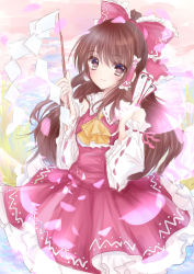 1girl absurdres ascot bare_shoulders brown_eyes brown_hair female_focus gohei gradient_background hakurei_reimu haraegushi heart heart-shaped_pupils highres kashiwagi_chisame ofuda oonusa petals ponytail sash solo symbol-shaped_pupils touhou wide_sleeves