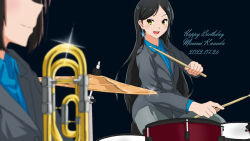 Rule 34 | 2girls, black hair, blouse, blue shirt, concert, drum, drum set, formal clothes, hibike! euphonium, highres, instrument, jazz, kanda minami, long hair, multiple girls, piercing, rikka koukou marching band e youkoso, sezaki mirai, shirt, short hair, suit, trombone, yellow eyes