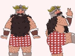 1boy absurdres arms_at_sides ass bara beard blush boxers dungeon_meshi dwarf facial_hair facing_viewer fake_horns fat fat_man hairy heart heart_print helmet highres horned_helmet horns long_beard male_focus male_underwear multiple_views mustache nico_(nicob04) red_male_underwear senshi_(dungeon_meshi) sideways_glance standing thick_arm_hair thick_leg_hair thick_mustache underwear v very_long_beard