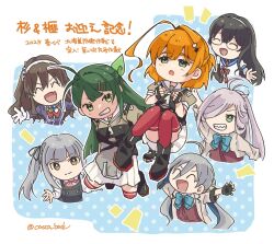 Rule 34 | 6+girls, ahoge, antenna hair, asashimo (kancolle), asashimo kai ni (kancolle), ashigara (kancolle), ashigara kai ni (kancolle), black hair, blue sailor collar, casca (casca bask), commentary request, fang, glasses, green hair, grey hair, grey sailor collar, grin, highres, huge ahoge, kantai collection, kasumi (kancolle), kasumi kai ni (kancolle), kaya (kancolle), kiyoshimo (kancolle), kiyoshimo kai ni (kancolle), long hair, multiple girls, ooyodo (kancolle), orange hair, pleated skirt, red thighhighs, sailor collar, school uniform, serafuku, sharp teeth, side ponytail, skin fang, skirt, smile, sugi (kancolle), teeth, thighhighs, translation request, upper body, white skirt