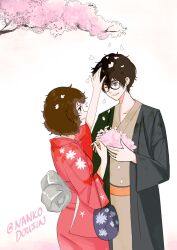 1boy 1girl amamiya_ren artist_name black_hair brown_eyes brown_hair cherry_blossoms glasses grey_eyes head_pat japanese_clothes jewelry kawakami_sadayo kimono medium_hair nankodoujin obi persona persona_5 red_kimono ring sash short_hair simple_background smile twitter_username yukata