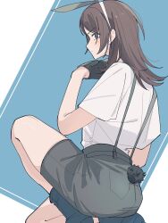 Rule 34 | 1girl, bang dream!, bang dream! it&#039;s mygo!!!!!, black gloves, black hair, black shorts, blue eyes, commentary, fake tail, gloves, highres, medium hair, nanami (nunnun 0410), rabbit tail, shirt, short sleeves, shorts, solo, tail, white shirt, yahata umiri