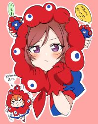 &gt;_&lt; 2girls :3 :d blue_jacket blush closed_mouth colored_speech_bubble commentary_request embarrassed expo2025 gloves highres hoshizora_rin jacket love_live! love_live!_school_idol_project multiple_girls myaku-myaku nishikino_maki official_alternate_costume open_mouth orange_hair outline pink_background puffy_short_sleeves puffy_sleeves purple_eyes red_gloves red_hair short-sleeved_jacket short_sleeves simple_background smile speech_bubble translation_request tukiwa_poyo wavy_mouth white_outline x3 xd