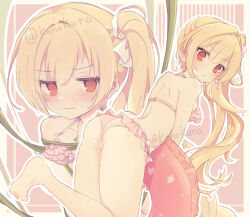 1girl 3: :/ alternate_costume amairo_islenauts ass back bare_shoulders barefoot bikini blonde_hair blush border closed_mouth commentary_request commission curvy embarrassed foot_out_of_frame frilled_bikini frills from_behind frown green_ribbon hair_between_eyes hair_intakes hair_ribbon halterneck highres jitome konoquro long_hair long_ribbon looking_at_viewer multiple_views outside_border pink_background pink_bikini pink_innertube red_eyes ribbon shirley_warwick side_ponytail simple_background soles sweatdrop swim_ring swimsuit thighs twitter_username v-shaped_eyebrows very_long_hair white_border white_ribbon