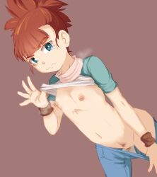 1girl bad_tag blue_eyes breasts clothes_lift clothes_pull denim digimon digimon_tamers dutch_angle embarrassed eyebrows female flashing flashing_breasts flashing_pussy heavy_breathing highres jeans loli looking_at_viewer makino_ruki medium_hair navel nipple_piercing nipples orange_hair panties pants pants_pull panty_pull piercing ponytail pubic_hair pussy shirt shirt_lift simple_background small_breasts solo standing t-shirt tears thighs toei_animation underwear wavy_mouth wristband