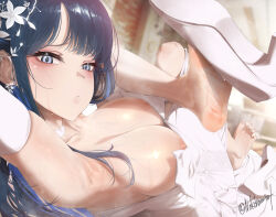 1girl areola_slip armpits barefoot black_hair blue_archive blue_eyes blush breasts feet highres large_breasts long_hair looking_at_viewer multicolored_hair nokchamint saori_(blue_archive) saori_(dress)_(blue_archive) shoe_dangle soles steam streaked_hair sweat toes