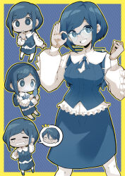1boy 1girl absurdres adjusting_eyewear backpack bag border chibi collared_shirt frilled_shirt frilled_sleeves frills fukurai_azami glasses hand_on_eyewear hands_up highres holding holding_phone limited_palette long_sleeves looking_at_viewer meguriya_ayumu multiple_expressions multiple_views ok_sign open_mouth outline phone puffy_long_sleeves puffy_sleeves shirt short_hair smile spoken_character standing talking_on_phone tearing_up teddyfredy26 toshi_densetsu_kaitai_center yellow_border