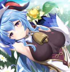 Rule 34 | 1girl, arm up, armpits, azuma yuki, bare shoulders, bell, black bodysuit, black gloves, blue hair, bodystocking, bodysuit, bodysuit under clothes, breasts, closed mouth, collar, cowbell, dated, detached collar, detached sleeves, flower, ganyu (genshin impact), genshin impact, gloves, goat horns, gold trim, gradient eyes, grass, hair between eyes, highres, holding, horns, large breasts, leaf, looking at viewer, lying, multicolored eyes, neck bell, on back, outdoors, purple eyes, sidelocks, signature, smile, solo, upper body, white collar, white flower, white sleeves