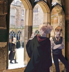 3boys ahoge black_headband black_pants black_robe blonde_hair blurry blurry_background closed_mouth collared_shirt commentary crossed_arms crossed_bangs day diagonal-striped_clothes diagonal-striped_necktie english_commentary facing_away from_behind genshin_impact glasses green_eyes grey_sweater_vest gryffindor hair_between_eyes hair_over_shoulder hair_ribbon hand_up harry_potter_(series) headband high_ponytail hogwarts_school_uniform hood hood_down hooded_robe hufflepuff indoors kaedehara_kazuha kazuha&#039;s_friend_(genshin_impact) kuro_lee light_particles long_sleeves low_ponytail male_focus multicolored_hair multiple_boys necktie open_mouth outdoors pants photo_background ponytail purple_eyes red_eyes red_hair red_necktie red_ribbon ribbon robe school_uniform semi-rimless_eyewear shirt sidelocks sleeves_rolled_up smile standing streaked_hair striped_clothes striped_necktie sweater_vest thoma_(genshin_impact) under-rim_eyewear walking white_hair white_shirt wide_sleeves window wing_collar wizarding_world yellow_necktie
