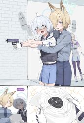 Rule 34 | 1boy, 3girls, absurdres, ahoge, animal ear fluff, animal ears, black pantyhose, blonde hair, blue archive, blue eyes, blue necktie, blue shirt, blue skirt, blush, boots, breast press, bulletproof vest, cropped jacket, dog ears, dog girl, doodle sensei (blue archive), fingernails, gloves, grey boots, gun, hair between eyes, handgun, highres, holding, holding gun, holding paper, holding weapon, jacket, kanna (blue archive), kanna (young) (blue archive), kirino (blue archive), lonklink, looking ahead, looking at another, mood (umamusume), multiple girls, necktie, nervous sweating, official alternate hairstyle, open mouth, pantyhose, paper, parted lips, purple necktie, purple pantyhose, sensei (blue archive), sharp fingernails, shirt, short hair, skirt, sweat, weapon, white gloves, white hair, white jacket, white shirt, yellow eyes