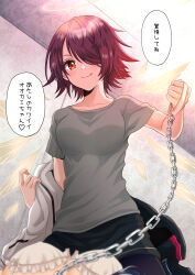 2girls absurdres arknights black_hair black_jacket black_pantyhose black_skirt blush bra bra_strap breasts chain chain_leash chiwa_(chiwawanwan1206) collarbone commentary_request cowboy_shot energy_wings exusiai_(arknights) female_pov frilled_bra frills from_below grey_shirt hair_over_one_eye halo heart highres holding holding_leash indoors jacket leash licking_lips lying medium_breasts medium_hair multicolored_jacket multiple_girls on_back pantyhose pov red_eyes red_hair removing_jacket shirt skirt smile spoken_heart straddling t-shirt texas_(arknights) tongue tongue_out translation_request two-tone_jacket underwear viewer_on_leash white_bra white_jacket yuri