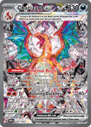 animal_focus artist_name card_(medium) character_name charizard charmeleon claws company_name copyright_name copyright_notice dragon dragon_wings egawa_akira english_text fangs fire flame-tipped_tail gen_1_pokemon nintendo no_humans nostrils official_art open_mouth pokemon pokemon_(creature) pokemon_card pokemon_focus pokemon_tcg solo sparkle tail terastallization third-party_source tongue trading_card wings