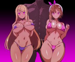 1boy 2girls absurdres areola_slip atelier_(series) atelier_ryza batta_16-sei bikini blank_eyes blonde_hair blue_bikini braid breasts brown_hair choker commentary_request covered_erect_nipples dark-skinned_male dark_skin earrings gradient_background hat hat_ribbon highres huge_breasts hypnosis jewelry klaudia_valentz micro_bikini mind_control multiple_girls navel navel_piercing necklace piercing pink_background pink_bikini reisalin_stout ribbon stomach swimsuit tally tan