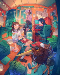 1boy 2girls ahoge aqua_skirt aqua_sweater backpack bag bandaid bandaid_on_arm bandaid_on_cheek bandaid_on_face bandaid_on_knee bandaid_on_leg baseball_cap bird black_pants blue_hair blue_shirt blue_sky book bookshelf brown_hair brown_shoes bulletin_board cd chair clothes_around_waist cloud commentary computer computer_tower crate crop_top curtains day desk fisheye hat holding holding_book holding_phone indoors jacket kiwi_(bird) lanyard lens_flare looking_at_another looking_at_phone medium_hair minifridge monitor multicolored_jacket multiple_girls navel off_shoulder office_chair on_bed on_chair on_windowsill open_window original pants phone picture_frame pink_hair pink_shirt plaid_clothes plaid_shirt plant pleated_skirt ponytail potted_plant profile record red_headphones rug shirt shoes short_hair simz sitting skirt sky socks string_of_light_bulbs sunlight sweater sweater_around_waist swivel_chair torn_clothes torn_pants white_shirt white_shoes white_socks window wooden_floor