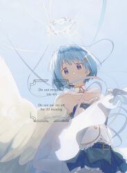 1girl angel angel_wings armlet bare_shoulders belt belt_buckle blue_background blue_belt blue_eyes blue_gemstone blue_hair blue_shirt blue_skirt blue_sleeves bubble buckle buttons cable cape cape_hold closed_mouth clothing_cutout cowboy_shot detached_sleeves diamond_button dot_nose feathered_wings fortissimo frilled_shirt frills gem gloves gold_buckle hair_ornament hairclip halo happy hashtag-only_commentary highres jewelry light_blush long_sleeves magical_girl mahou_shoujo_madoka_magica mahou_shoujo_madoka_magica_(anime) miki_sayaka miniskirt pleated_skirt shirt short_hair single_wing skirt smile solo sparkle stomach_cutout stomach_jewel strapless strapless_shirt studded_belt tareme twitter_username two-tone_shirt un_nm5sy watermark white_cape white_gloves white_halo white_shirt white_wings wings