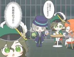 3girls :d :o ankle_boots ascot black_pants black_shorts black_vest blue_bow boater_hat boots bow brown_hair cape checkered_hairband chibi closed_eyes coat cup dress full_body green_cape green_eyes green_hat grey_boots grey_cloak grey_hair grey_sleeves grey_vest hair_bun hairband hat hat_bow hat_feather highres holding holding_cup holding_jar iron_bars jar long_hair mole mole_under_eye ms._radio multiple_girls newsboy_cap notice_lines on_chair open_clothes open_mouth open_vest orange_hair panri pants pants_under_dress pantyhose prison prison_cell purple_boots purple_coat purple_hat radio recoleta_(reverse:1999) reverse:1999 round_table saucer shirt short_dress short_hair shorts single_side_bun sitting smile sonetto_(reverse:1999) speech_bubble standing sweat table teacup translation_request vertin_(reverse:1999) vest white_ascot white_dress white_pants white_pantyhose white_shirt