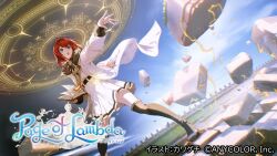 1girl :o ahoge ange_katrina artist_name belt black_belt blue_eyes book boots broken_ground casting_spell coat commentary_request copyright_name copyright_notice dress dutch_angle electricity floating floating_clothes floating_object foot_out_of_frame grey_boots hand_up holding holding_book kawaguchi_(mojacome) legs_apart levitation magic magic_circle medium_hair nijisanji official_alternate_costume official_art open_book open_mouth outdoors outstretched_arm page_of_lambda pleated_dress red_hair short_dress solo standing stone_floor tassel thigh_boots thighhighs title virtual_youtuber white_coat white_dress zettai_ryouiki
