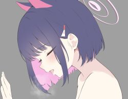 1girl animal_ears blue_archive blush breath cat_ears closed_eyes collarbone colored_inner_hair commentary_request from_side grey_background hair_ornament hairpin halo hand_up highres kazusa_(blue_archive) kurumi_kororin medium_hair multicolored_hair nude open_mouth pink_hair pink_halo portrait purple_hair saliva saliva_trail sidelocks solo tongue tongue_out