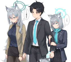 Rule 34 | 1boy, 3girls, ahoge, aisumegane, animal ears, black hair, black pants, black skirt, black suit, blue archive, blue eyes, blue halo, blue necktie, blue scarf, blush, breasts, brown coat, coat, empty eyes, finger grab, formal clothes, grabbing another&#039;s arm, grey hair, hair between eyes, hair ornament, hairclip, halo, heterochromia, highres, jealous, large breasts, long hair, looking down, multiple girls, necktie, pants, pantyhose, scarf, sensei (blue archive), sensei (blue archive the animation), shiroko (blue archive), shiroko (young) (blue archive), shiroko terror (blue archive), shirt, short hair, skirt, suit, translation request, very long hair, white shirt, wolf ears
