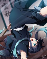 1boy aqua_eyes aqua_hair belt black_hair black_hakama black_jacket blurry blurry_background bokken buttons demon_slayer_uniform hakama hakama_pants hana_ni_nare highres holding holding_sword holding_weapon jacket japanese_clothes kimetsu_no_yaiba long_hair looking_at_viewer male_focus multicolored_hair open_mouth pants signature smile solo sword tokitou_muichirou upside-down weapon white_belt wooden_sword