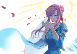 1girl blue_dress club3 commentary_request diadem dress fate/grand_order fate_(series) female_focus flower graphite_(medium) hair_flower hair_ornament hands_up jewelry long_hair lotus matou_sakura necklace own_hands_together parvati_(fate) petals purple_eyes purple_hair signature smile solo standing traditional_media wide_sleeves