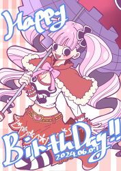 Rule 34 | 1girl, blunt bangs, blush, boots, capelet, commentary, crop top, dated, drill hair, full body, hair tie, happy birthday, hi ina, highres, holding, holding umbrella, one piece, open mouth, pantyhose, perona, pink hair, pink umbrella, red boots, red capelet, red skirt, skirt, smile, solo, striped background, striped clothes, striped pantyhose, twin drills, twintails, umbrella, vertical-striped background