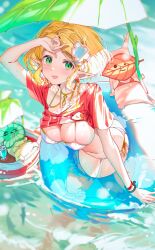 1girl arm_up bikini blonde_hair blue_innertube blush breasts cleavage clothes_lift commentary_request earrings elf fang green_eyes hair_ornament highres jewelry korok large_breasts leaf looking_at_viewer nintendo open_mouth outdoors pointy_ears princess_zelda red_shirt shading_eyes shirt shirt_lift short_hair short_sleeves shuri_(84k) side-tie_bikini_bottom skin_fang smile solo swim_ring swimsuit the_legend_of_zelda the_legend_of_zelda:_tears_of_the_kingdom tied_shirt twitter_username wading water water_drop white_bikini wrist_straps