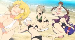 5girls :d :o ahoge anger_vein angry armpits ass bandaged_arm bandages bandeau barefoot beach bebe-tan bikini bikini_skirt blonde_hair blue_eyes blunt_bangs breast_press breasts brown_hair camouflage camouflage_bikini cleavage clenched_hands closed_eyes colored_stripes company_name copyright_name crossed_arms dated day dog_tags drooling eye_contact frilled_bikini frills from_above from_side front-tie_bikini_top front-tie_top frown game_cg glasses green_bikini green_eyes grey_hair groin hair_between_eyes hair_tie hairband half-closed_eyes halterneck hand_up heterochromia highleg highres holding imu_(senran_kagura) indian_style jewelry large_breasts long_hair looking_at_another low_twintails lying miyabi_(senran_kagura) multiple_girls murasaki_(senran_kagura) navel necklace non-web_source ocean official_art on_back on_ground on_side open_mouth outdoors parted_lips profile purple_hair raised_eyebrows rimless_eyewear ryoubi_(senran_kagura) ryouna_(senran_kagura) saliva sarong scarf senran_kagura senran_kagura_estival_versus short_hair shuriken sideboob sidelocks sitting small_breasts smile spiked_hair standing strapless striped_bikini striped_clothes stuffed_animal stuffed_toy swimsuit teddy_bear thong thong_bikini twintails underboob vertical-striped_bikini vertical-striped_clothes very_long_hair wariza water wavy_hair weapon white_hair yaegashi_nan yellow_eyes