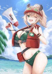 Rule 34 | 1girl, animal ears, bikini, breasts, brown hair, cleavage, cloud, eyewear on head, green-tinted eyewear, green bikini, green eyes, hat, highres, holding, holding megaphone, holding whistle, indie virtual youtuber, large breasts, life vest, megaphone, mole, mole on stomach, navel, nimi nightmare, nimi nightmare (lifeguard), ocean, one eye closed, open mouth, ponytail, red hat, shirt, sky, smile, solo, sun, swimsuit, tachibana yuu (shika), tapir ears, tapir girl, tinted eyewear, virtual youtuber, visor cap, whistle