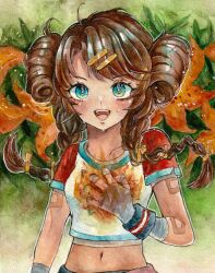 1girl :d bandaged_arm bandaged_hand bandages blue_eyes braid brown_hair double_bun flaming_hand flower gauze_on_arm green_background hair_bun hair_ornament hairclip hand_up highres long_hair low_twin_braids midriff navel open_mouth orange_flower painting_(medium) reverse:1999 shirt short_sleeves smile solo spathodea_(reverse:1999) sweat t-shirt traditional_media twin_braids upper_body watercolor_(medium) wonuwi wristband