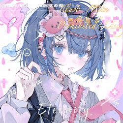 1girl black_bow blue_eyes blue_hair bow collared_shirt commentary_request commission ear_piercing earrings fang frills hair_ornament hairband horns jewelry long_sleeves looking_at_viewer necktie open_mouth original piercing shi_mita shirt short_hair skin_fang solo upper_body white_shirt