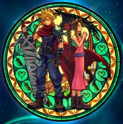 1boy 1girl aerith_gainsborough armor artist_name belt belt_buckle black_belt black_wings blonde_hair blue_pants braid brown_belt brown_gloves brown_shoes buckle buster_sword cape closed_eyes closed_mouth cloud_strife commentary dive_to_the_heart dress english_commentary final_fantasy final_fantasy_vii gloves height_difference highres holding holding_sword holding_weapon hollypolllyy kingdom_hearts kingdom_hearts_i lips nomura_tetsuya_(style) official_alternate_costume own_hands_together pants parted_bangs pauldrons pink_dress pink_lips pink_ribbon profile purple_belt red_cape ribbon shoes shoulder_armor single_pauldron single_wing spiked_hair stained_glass sword torn_cape torn_clothes weapon wings