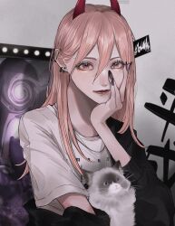 1girl absurdres aegyo_sal barbell_piercing black_jacket black_nails brown_eyes cat chain chain_necklace chainsaw_man closed_mouth demon_horns ear_piercing earrings eyelashes fingernails hair_between_eyes hand_on_own_chin highres horns jacket jacket_partially_removed jewelry lips lipstick long_fingernails long_hair looking_at_viewer makeup mano_aaa nail_polish necklace piercing pink_hair power_(chainsaw_man) red_horns red_lips shirt short_sleeves solo t-shirt upper_body white_shirt zipper