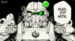 armor black_background brotherhood_of_steel_paladin commentary english_commentary english_text fallout green_eyes highres jafet_meza meme nah_i&#039;d_win_(meme) portrait power_armor power_armor_(fallout) science_fiction speech_bubble spot_color twitter_username