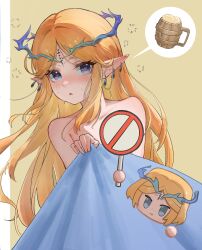 1girl bare_shoulders beer_mug blonde_hair blue_eyes blush cartethyia_(wuthering_waves) cup earrings highres jewelry long_hair looking_at_viewer mug parted_lips pointy_ears solo wuthering_waves wuye_z