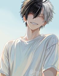 Rule 34 | 1boy, black hair, blush, closed eyes, grey hair, hyohls2 (hamao3o), male focus, multicolored hair, sakura haruka (wind breaker), shirt, simple background, smile, solo, split-color hair, teeth, two-tone hair, white hair, white shirt, wind breaker (nii satoru)